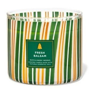 Bath & Body Works Fresh Balsam Green and Orange Striped 3- Wick Candle